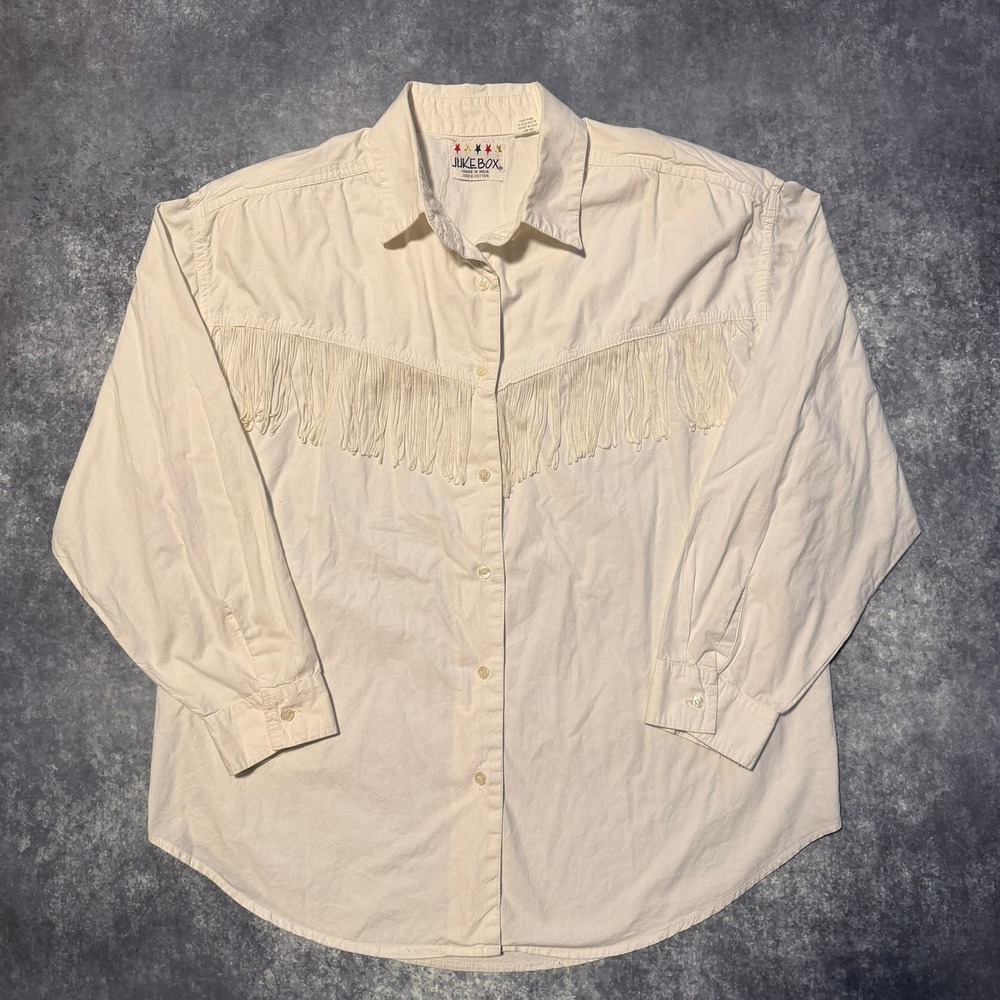 Vintage Jukebox Western Fringe Cotton Shirt Cream Off-White Button Up Size 22